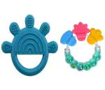 Enorme Silicone Green Star Shape Teething Teether and Round Shape BPA Free Silicone Bell Teether Ring for Babies
