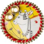 Playful Stitches Handmade Handmade Roli Chawal Tilak Set | Puja Items | Pooja Thali Set | Diwali Puja Rajasthani Handmade Roli Tika Plate | Roli Chawal Platter- Pack of 1 (Pichwai Cow - Yellow)