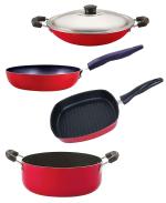 Nirlon 4 pcs of Red, Black Non-stick Pot and Pans Cookware Set with Bakelite Handle Standard