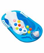 Mee Mee Baby Bath Tub | Secure and Space-Saving Bathtub for Babies | Anti Slip Baby Plastic Bath Chair With Floating Balls And Bathing Mug | Toddlers 0-2 Years | Drain Plug | Baby Bath Seat, Sling, and Stable Non-Suction Base (Blue)