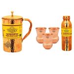 Taluka Copper Hammered Water Bottle 1000 ML, Jug with Brass Handle 2000 ML with 3 Copper Damru Glass 300 ML