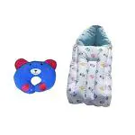 Teeny Weeny Combo of 3 in 1 Multi Usage Baby Cotton Bed Cum Sleeping Bag, Carry Bag, Safety Bag, Baby Wrapper & Baby Neck Pillow U Shape (Blue)
