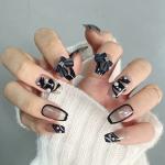 Secret Lives Acrylic Press on Designer Artificial Transparent Nails 3D Black Bow and 3D White Pearls Extension Design Fake Nails Design 24 pcs Set with Kit