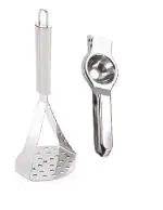 Stainless Steel Big Potato Masher With Stainless Steel Lemon Squeezer and Multicolour, Pack of 2
