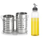 BLUE WONDER Stainless Steel Twin Cutlery Holder Racks With Plastic Oil Dispenser Bottle and (Multicolour, Pack of 2)
