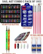 viomy Nail Art Kit Combo - 48 Glitter Stones in Glass Bottles + 100 False Nails + 2 Nail Tapes + 5 Nail Art Brushes + 2 Dotting Pens + 2 Nail Glues (48 Pcs)
