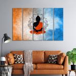 999Store Orange Rectangular Engineering Wood Lord Buddha Wall Frames Painting (Set of 5)