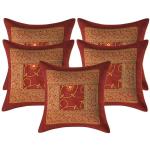 Indhome Life Maroon Embroidered Cotton Sofa Pillow Cover Printed Designer Decorative, 16 X 16 Inch (Set Of 5)
