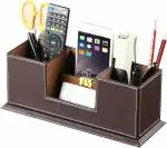 PU Leather Pen Pencil Holder with 4 Compartment Multifunctional Desk Organizer Business Cards Mobile Phone Stand accessories Stationery Storage Caddy for Office Supplies