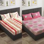 Story@Home 152 TC Cotton Double Bedsheet (Combo Pack of 2 Bedsheet with 4 Pillow Cover) White & light Orange|Green