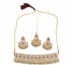 Gyaan Jewels Handmade Gold Plated Brass Necklace, Earring and Maang Tikka Set Maroon (Women) (Pack of 1) Free Size