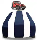 Auto Hub Car Cover Compatible with Mahindra Thar with Mirror Pockets, Triple Stitched, Water Resistant Car Body Cover, Navy, White
