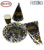 Festiko Happy Birthday Theme Polka Dot Disposable Paper Plates, Glass, Hats, Banner Combo Decoration For Birthday Party Suppliers, Birthday Decoration (Set Of 31)