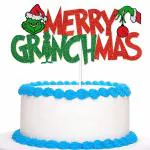 Festiko Merry Grinch-mas Cake Topper Red Green Glittery, Christmas Birthday Cake Topper