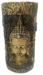 HINDUSTAN HEALTH & WELLNESS SOLUTION - Polystone Brass Look Tree Buddha Face in Tree Statue Figurine Decorative Showpiece Decorative for Home Decor, Living Room, Bedroom|Size 8X 4 Inch|Golden