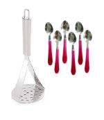 Blue Wonder Stainless Steel Big Potato Masher With Stainless Steel Handle Spoon and Multicolour, Pack of 2