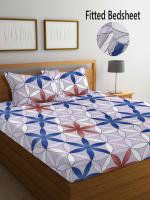 FABINALIV Multicolor Geometric 210 TC Cotton Blend King Size Fitted Double Bedsheet with 2 Pillow Covers