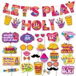 Festiko Set of 26 Pcs Holi Combo Decoration - 1 Pc Let's Play Holi Banner (Design - 1) & 25 Pcs Holi Photobooth Props , Happy Holi Decorations