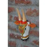KB ART Wooden Handpainted Patachitra Cow Head for Wall decor Home decor office decor 10 Inch White colour
