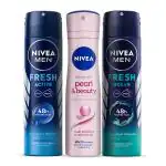 Nivea Men & Women Deodorant Combo Pack of 3 (150ml) - Fresh Active, Fresh Ocean, Pearl & Beauty