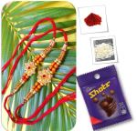 BHAKTI 2 SHAKTI MAKING WORSHIP SPECIAL Rakhi for brother | Bhaiya ki rakhi | Fancy rakhi for men with roli & akshat | Silver Diamonds on a Flower centering Red Diamond | Pack of 2 | With Chocolate Shots