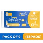 Safeosure Xl 280Mm Uni Super Dri Pads Safe & Hygienic Periods Pads with Wings (Pack Of 9), 63Pads