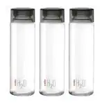 Cello H2O Toughened Glass Fridge Water Bottle with Plastic Cap, 920ml, Set of 3, Black