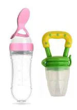 ShopiMoz Squeeze Fresh Food Feeder Bottle with Food Dispensing Spoon, Infant Food Nibbler Teething Toy Feeding Pacifier, Combo Pack