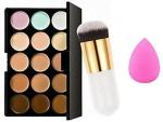 Lenon 15 Color Contour Concealer, Professional Makeup Brush & Pink sponge (3 Items in the set)