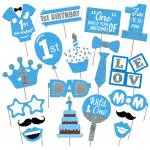 Zyozique First Birthday Boy Photo Booth Props - Party Supplies For Wedding Party Reunions Birthdays Photobooth Dress Up Accessories (Pack Of 19) Blue