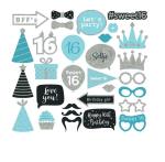 Festiko 30 Pcs Sweet 16 Photo Booth Props, Blue 16th Birthday Photo Booth Props, 16th Birthday Decoration Supplies