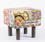 Ikiriya Verona Solid Wood Ottoman| Pouffee| Pouf Stool in Multi Colour Israel Print Kantha fabric