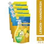 Wiz Lemon Hand Wash Refill Pouch - 1L (Pack of 4) | pH Balanced | 70% Less Plastic | Zesty Lemon Freshness | Germ Protection | Gentle & Moisturizing Formula