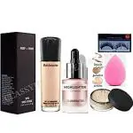 CLASSYHUDA PROFESSIONAL FOUNDATION, HIGHLIGHTER, FACE POWDER, BLENDER & EYELASHES. COMBO FACE MAKEUP KIT.