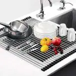 Kruvad Roll Up Dish Drying Rack, Stainless Steel Over Sink Dish Drying Rack, Multi-Use Foldable Dishes Holder Sink Drain for Kitchen Sink Countertop, Grey