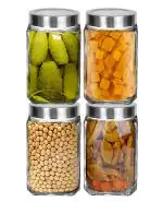 FeeloPie Cube Glass Jars for Kitchen Pantry, Snacks, Masala, Honey, Pickles, Cookies, Dry Fruits, Coffee Beans Storage with Stainless Steel Lid (1000ml, Set Of 4)