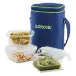 Borosil Klip-N-Store Borosilicate Glass Lunch Box Set of 3 (320 ml Each) With Lunch Bag, Square, Lunchbox For Office & College, Microwave Safe, Leak Proof, Blue