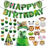 Zyozique Jungle Safari Happy Birthday Decorations Set - Birthday Banner with Cup Cake Toppers, Cake Topper, Masks and Birthday Cap (Pack of 26)