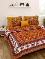 UniqChoice Orange Color 100% Cotton Jaipuri Traditonal Double BedSheet With 2 Pillow Cover(Jangalhathi)