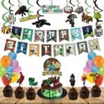 Festiko 57 Pcs Minecraft Birthday, Happy Birthday Decoration, Minecraft Theme Decoration For Kids Boys Adults Supplies Combo Banner, Swirls, Cake Topper, Cup Cake Toppers, Balloons
