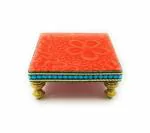 Shinde Exports Orange Wooden Meenakari Chowki Bajot Choki Chaurang Patla For Idols And Pooja Articles, 5.5 X 5.5 Cm