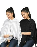 nene Breastfeeding Multi Purpose Scarf The Jersey Cotton Nursing Shawl, Breathable Breastfeeding Cover- Pack of 2 Large Size 180cmX55cm (Navy) (Grey-Black)