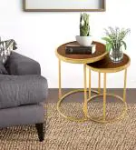 THE HOME CO. Modern Round Side Table for Living Room Bedroom Metal Frame Wooden Top Coffee Table End Table for Home Decor Nesting Table Fancy Home Office Table (Brown)
