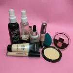 DAIMANPU Fixer, Primer, Shimmer liquid highlighter, foundation, concealer, compact powder, washable puff, 3D 2in1 Contour cosmetic combo (8 Items in the set)