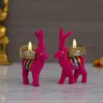 Webelkart Cute Christmas Reindeer Tealight Candle Holder for Home Decor - 2 pc (Pink) Reindeer Shaped tealight Holder, Diwali Gift, Diwali Lights, Diwali tealight| Christmas Decor Items for Home