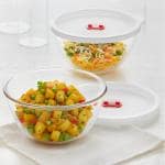 Borosil Basic Glass Mixing & Serving Bowls With Lids, Oven & Microwave Safe Bowls, Set of 2 (900 ml each), Borosilicate Glass, Clear