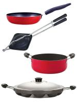 Nirlon 4 pcs of Red, Black Non-stick Pot and Pans Cookware Set with Bakelite Handle Standard