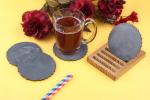 Vatsin Premium Resin Round Coasters With Wooden Stand Tea, Coffee Coasters for Home & Dining Table, Office, Table Accessories, for Gifting (Set of 4, Dark Grey)
