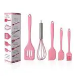 Ramkuwar 5 Piece Silicone Baking Utensils Kitchen Set Spatula, Whisk, Brush, Spoon, Scraper Tool Set for Mixing Baking & Cooking (Pink)