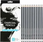 KANBI Wooden Charcoal Pencils Set 6 Piece Soft, 4 Piece Medium,2 Piece Hard(Pack Of 12pcs)